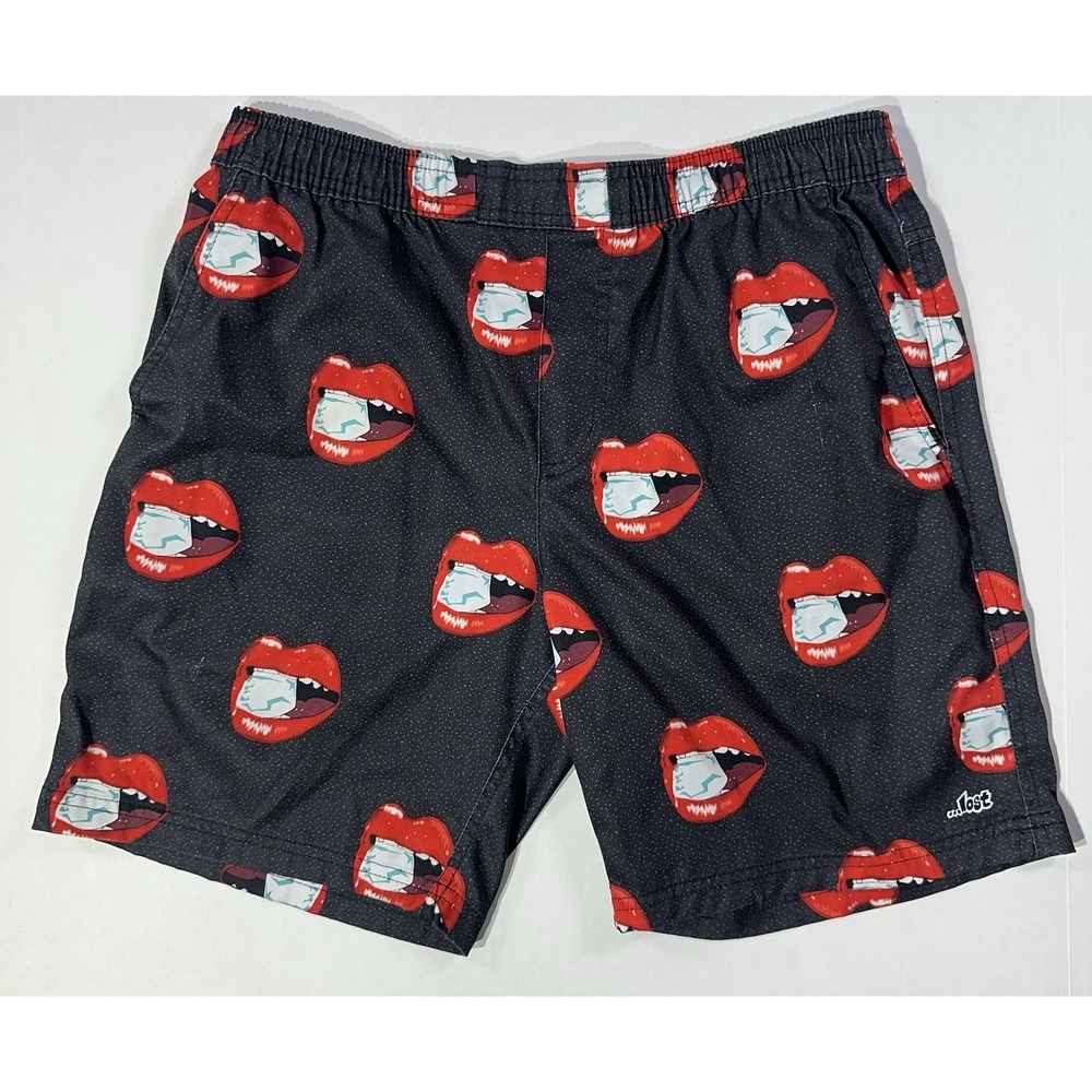 Lost Men's Swim Trunks Lips Ice‎ Cube Graphic Shorts Black Red M Surf Beach